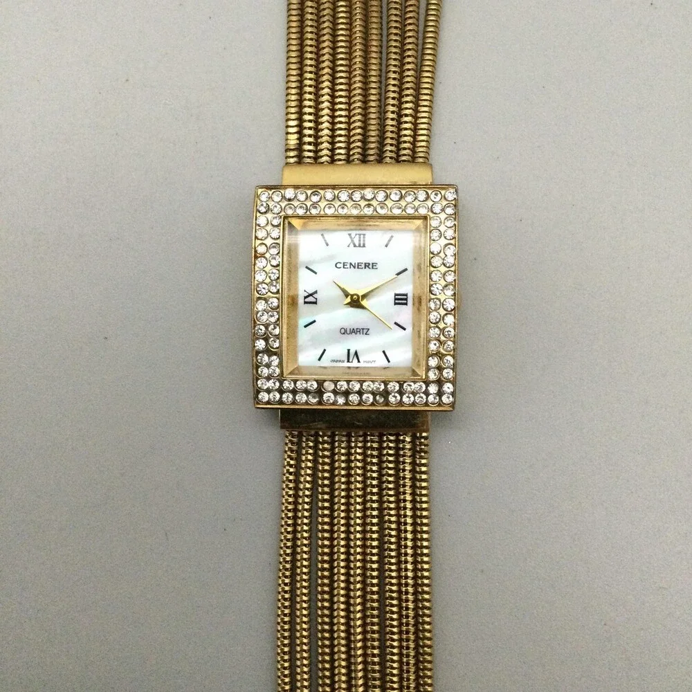 Cenere Womens Watch 24mm White MOP Dial Gold Tone Crystals New Battery 7.25